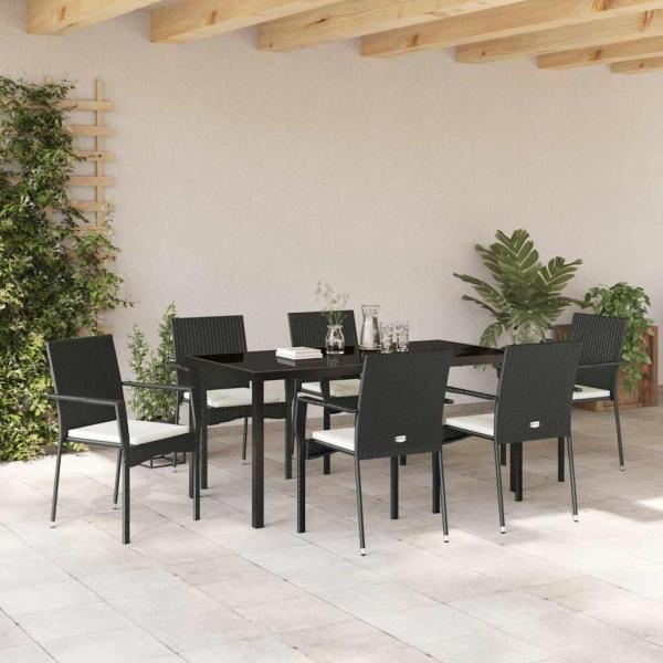 7-teiliges Garten-Esszimmer Set mit Kissen, schwarzes Poly-Rattan