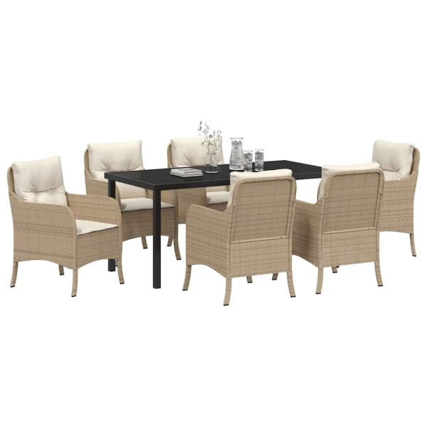 7-teiliges Garten-Essstuhl-Set mit Kissen Beige Poly-Rattan