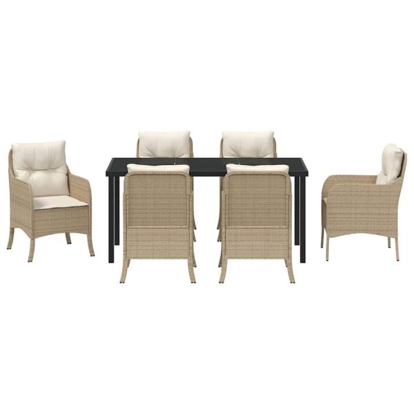 7-teiliges Garten-Essstuhl-Set mit Kissen Beige Poly-Rattan
