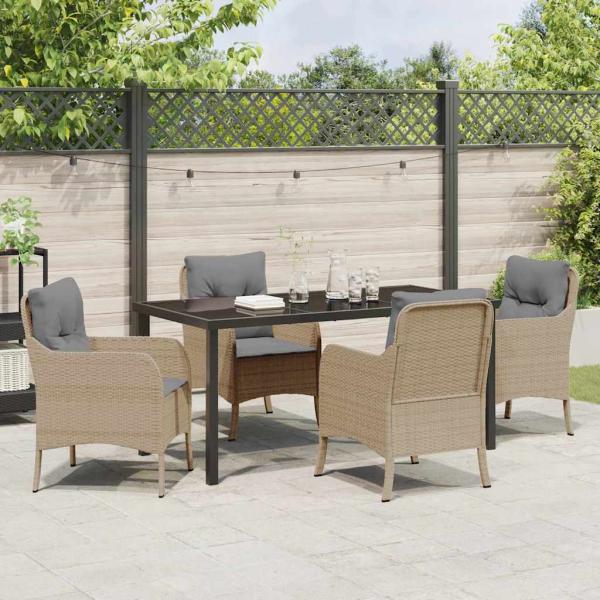 5-teiliges Garten-Ess-Set mit Kissen Beige Poly Rattan