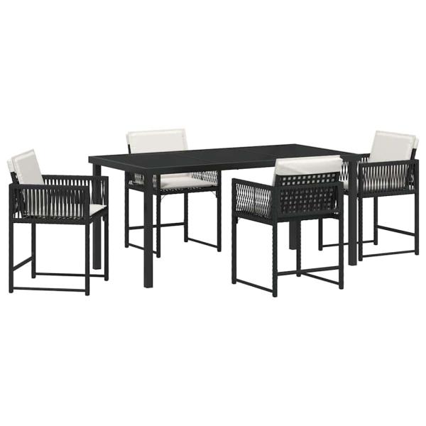 5-teiliges Garten-Dining-Set mit Kissen Schwarz Poly Rattan