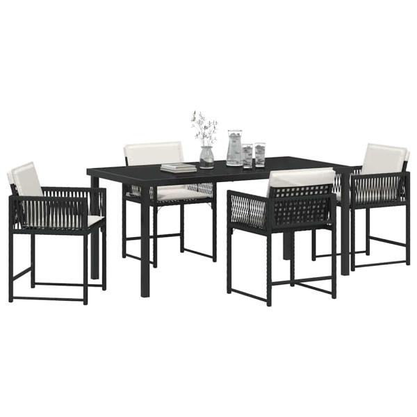 5-teiliges Garten-Dining-Set mit Kissen Schwarz Poly Rattan