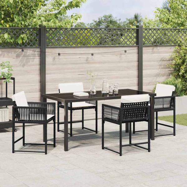 5-teiliges Garten-Dining-Set mit Kissen Schwarz Poly Rattan