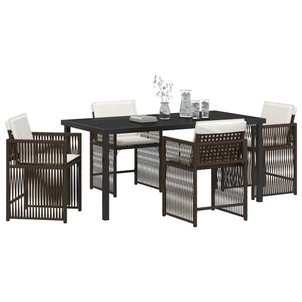5-teiliges Garten-Dining-Set mit Kissen Braun Poly-Rattan