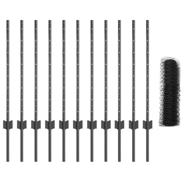 Zaunpfosten 11 Stück U-Kanal Grau 80 cm Stahl, Sechseckzaun Grau 0,8x25 m Stahl