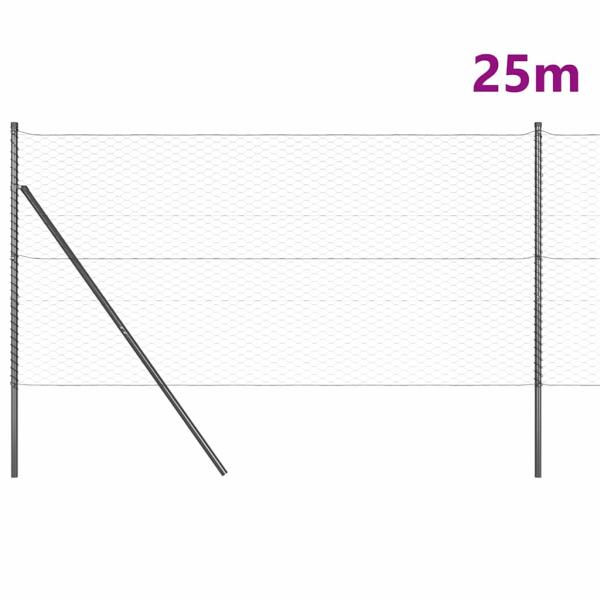 Hexagonzaun Grau 1,4x25 m Stahl, Zaunpfosten 13 Stück Grau Ø32 mm 190 cm Verzinkter Stahl