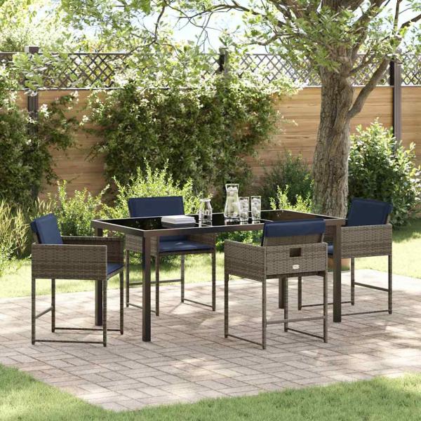 ARDEBO.de - 5-teiliges Garten-Esstisch-Set mit Kissen Grau Poly-Rattan