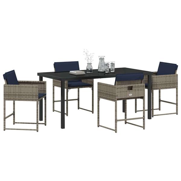 5-teiliges Garten-Esstisch-Set mit Kissen Grau Poly-Rattan