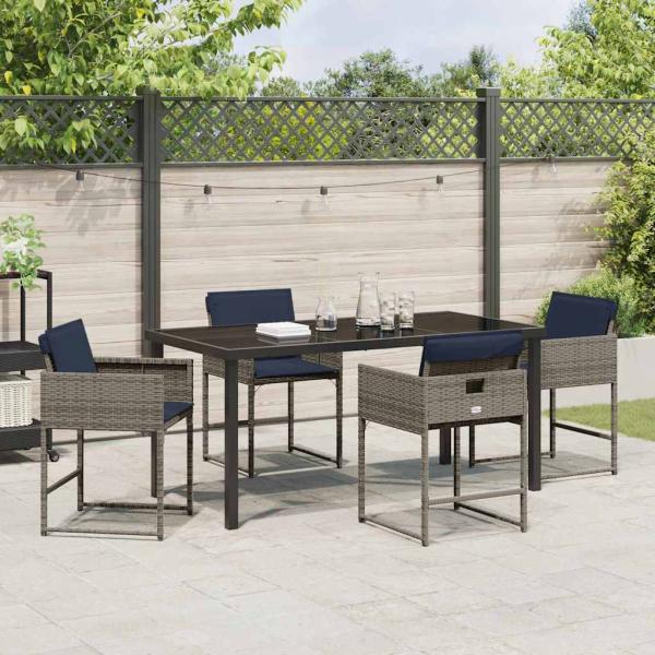 5-teiliges Garten-Esstisch-Set mit Kissen Grau Poly-Rattan