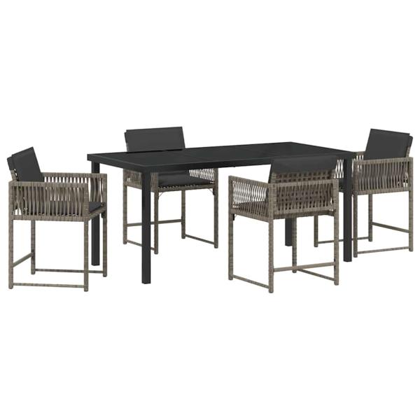 5-teiliges Garten-Ess-Set mit Kissen Grau Poly-Rattan
