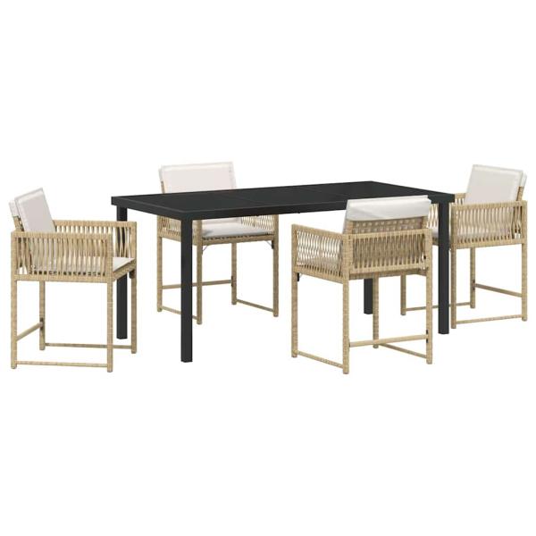 5-teiliges Garten-Dining-Set mit Kissen Beige Poly-Rattan