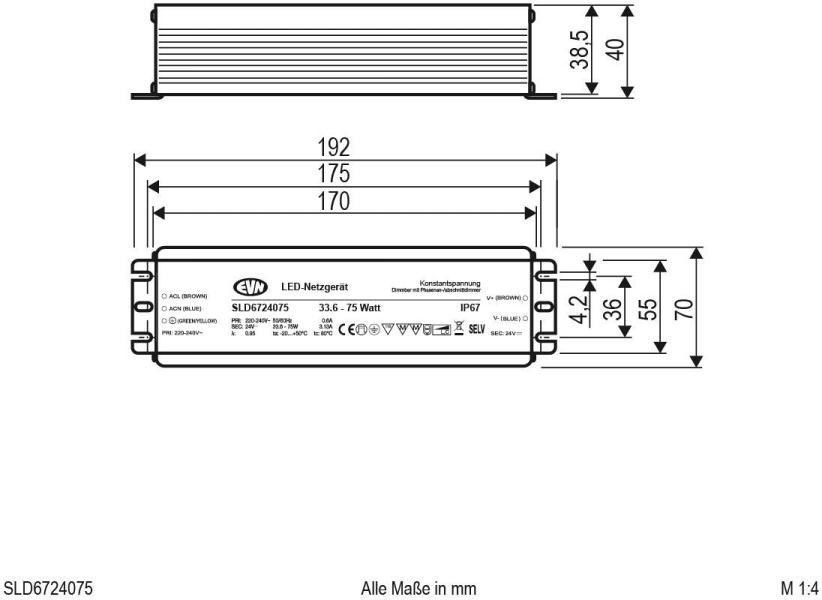EVN SLD-Serie Netzgerät 24V/DC, 33,6-75W, IP67, Primär: 220-240V, dimmbar mit Phasenan- und Phasenabschnitt-Dimmer (SLD6724075)