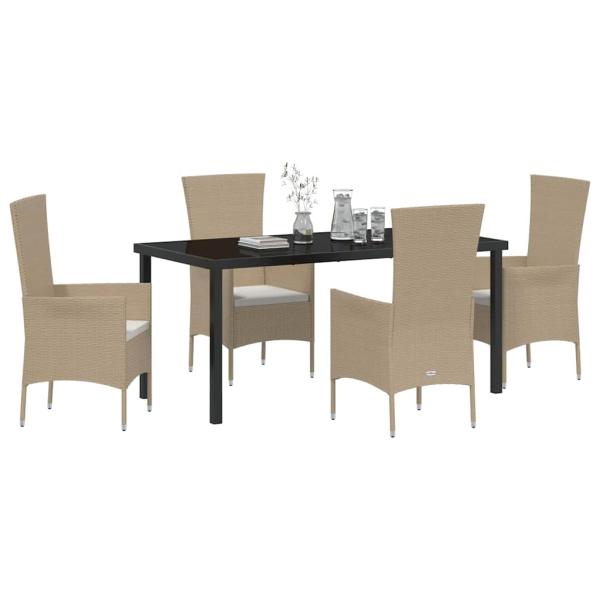 5-teiliges Garten-Essbereich-Set mit Kissen Beige Poly-Rattan