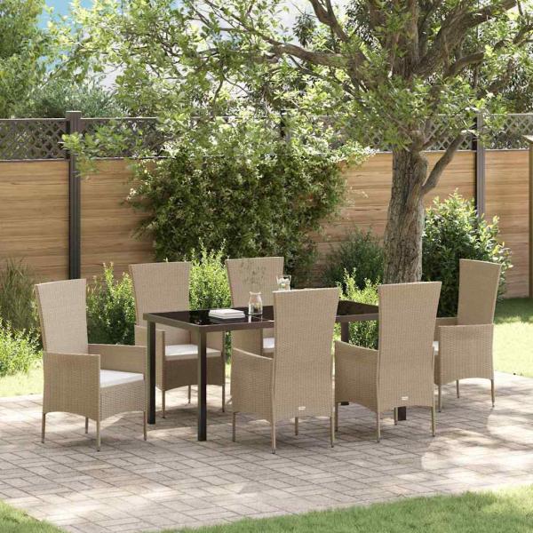 ARDEBO.de - 7-teiliges Garten Essset mit Kissen Beige Poly Rattan