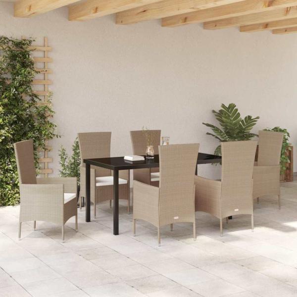 7-teiliges Garten Essset mit Kissen Beige Poly Rattan