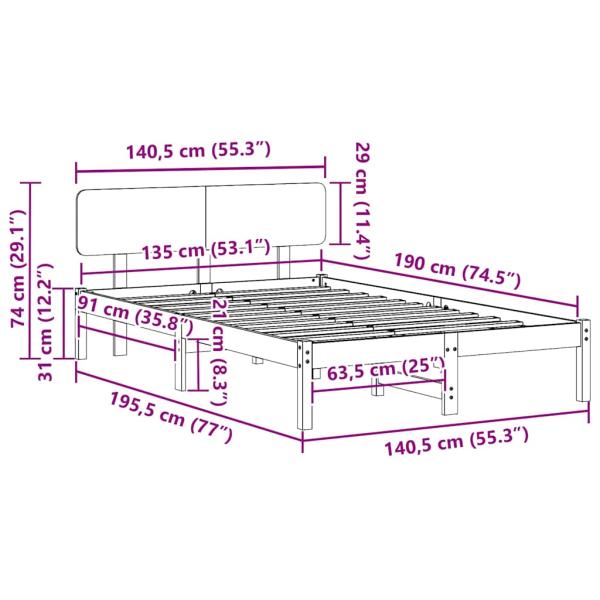 Bettgestell mit Kopfteil Wax Brown 135x190 cm Massivholz Kiefer