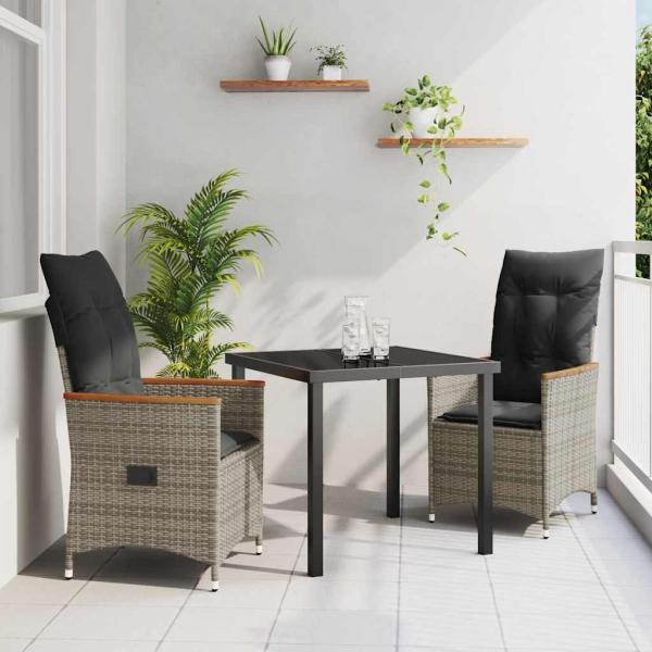 ARDEBO.de - 3-teiliges Garten-Ess-Set mit Kissen in Grau und Poly-Rattan