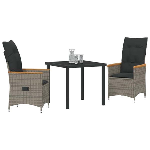 3-teiliges Garten-Ess-Set mit Kissen in Grau und Poly-Rattan