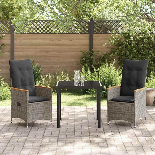 3-teiliges Garten-Ess-Set mit Kissen in Grau und Poly-Rattan