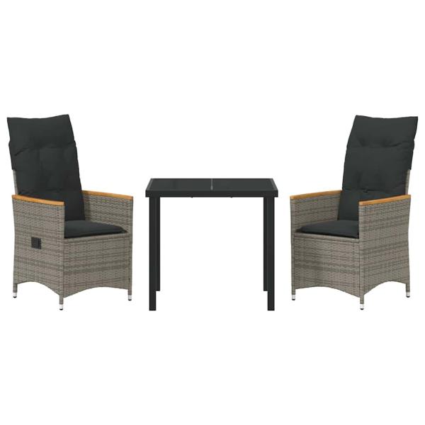 3-teiliges Garten-Ess-Set mit Kissen in Grau und Poly-Rattan