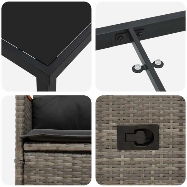 3-teiliges Garten-Ess-Set mit Kissen in Grau und Poly-Rattan