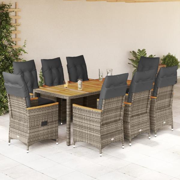 ARDEBO.de - 9-tlg. Garten-Essgruppe mit Kissen Grau Poly Rattan