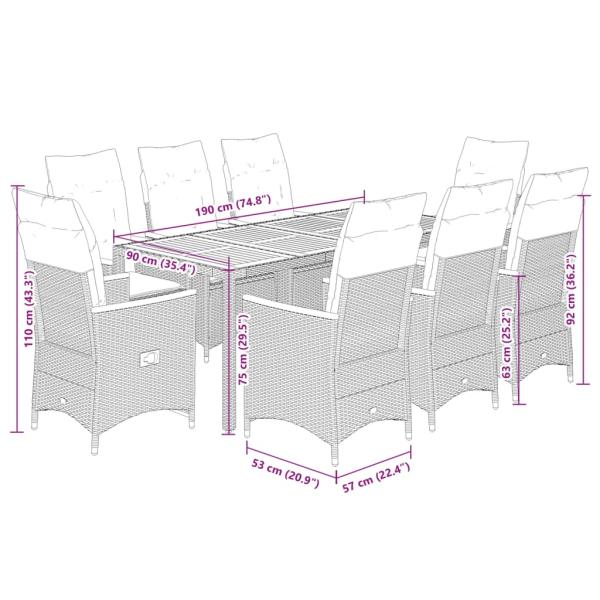 9-tlg. Garten-Essgruppe mit Kissen Grau Poly Rattan