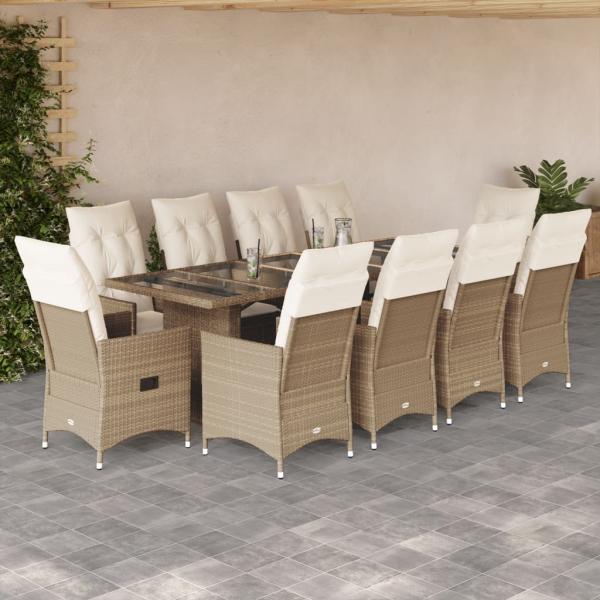ARDEBO.de - 11-tlg. Garten-Bistro-Set mit Kissen Beige Poly Rattan