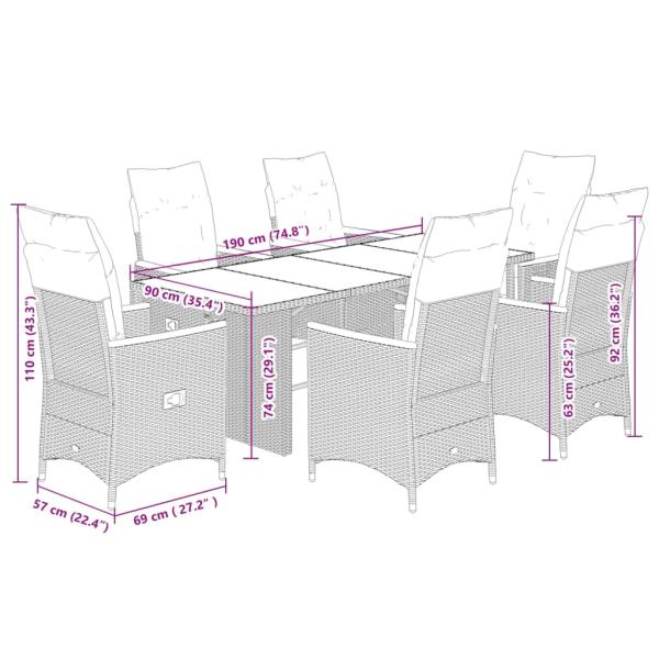 7-tlg. Garten-Essgruppe mit Kissen Grau Poly Rattan