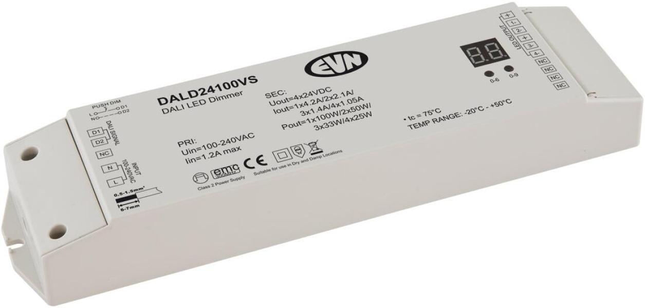 ARDEBO.de EVN DALI Multicolor-Empfänger inkl. Netzgerät, 100-240V/AC, Output: 4x1,05A, 24V/DC, 4x25W (DALD24100VS)