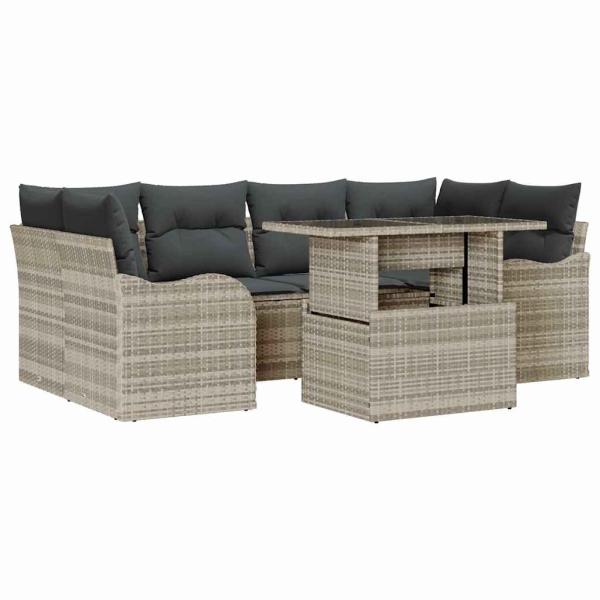 7-teiliges Garten-Sofa-Set mit Kissen in hellgrau aus Poly-Rattan