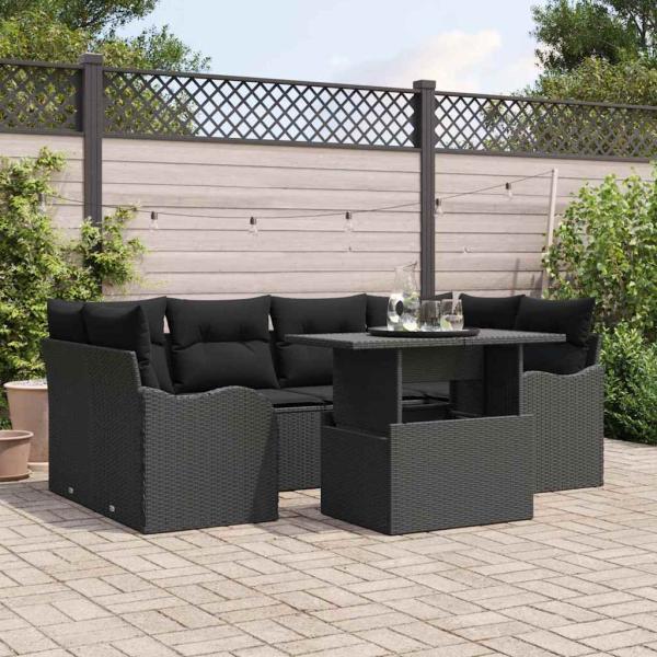 ARDEBO.de - 7-teiliges Garten Sofa Set mit Kissen Schwarzes Poly Rattan