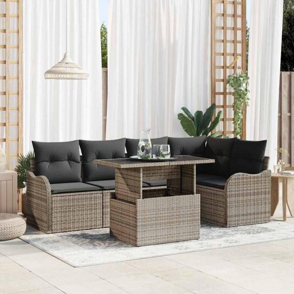 ARDEBO.de - 6-teiliges Garten Sofa Set mit Kissen Grau Poly Rattan