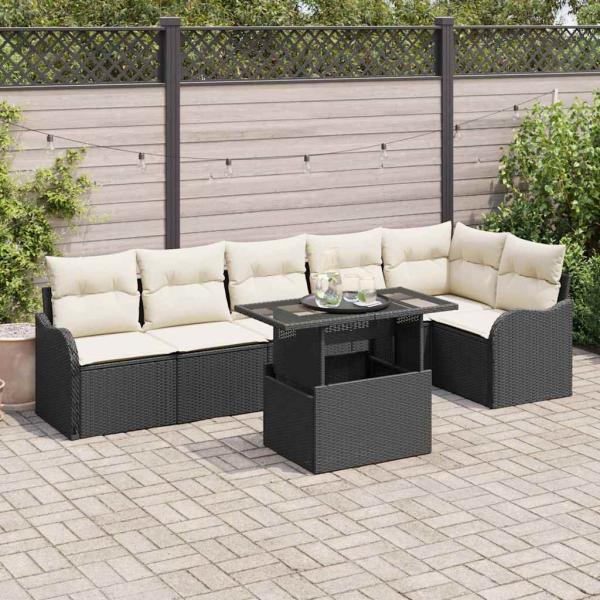 ARDEBO.de - 7-teiliges Garten Sofa Set mit Kissen Schwarz Poly Rattan