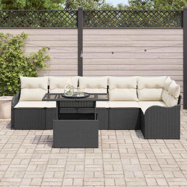 7-teiliges Garten Sofa Set mit Kissen Schwarz Poly Rattan