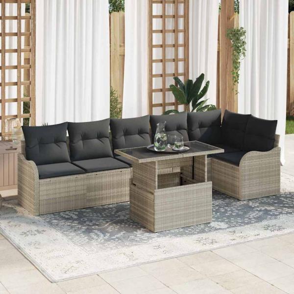 ARDEBO.de - 7-teiliges Garten Sofa Set mit Kissen Hellgrau Poly Rattan