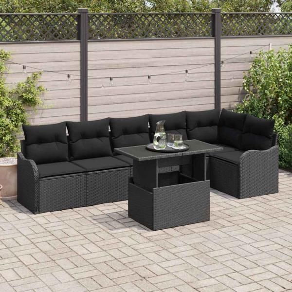 ARDEBO.de - 7-teiliges Garten Sofa Set mit Kissen Schwarz Poly Rattan