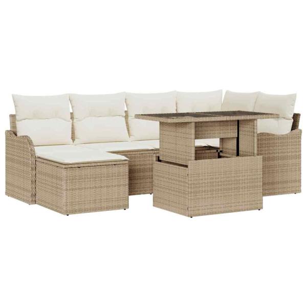 7-teilige Garten Sofa Set mit Kissen Beige Poly Rattan