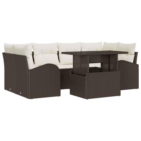 7-teilige Garten-Sofa-Garnitur mit Kissen Braun Poly Rattan