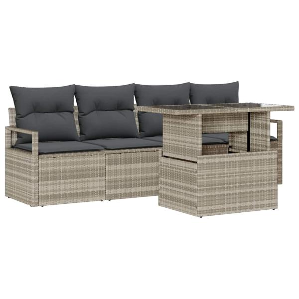5-teiliges Garten-Sofa-Set mit Kissen Hellgrau Poly-Rattan