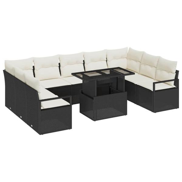 10-teiliges Garten-Sofa-Set mit Kissen Schwarz Poly Rattan