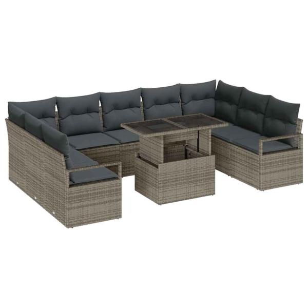 10-teiliges Garten Sofa Set mit Kissen Grau Poly Rattan