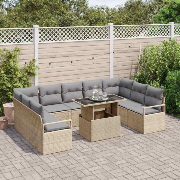 10-teiliges Garten Sofaset mit Kissen Beige Poly Rattan