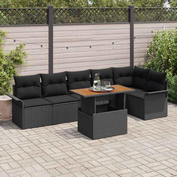 ARDEBO.de - 7-teiliges Garten-Sofa-Set mit Kissen Schwarz Poly Rattan