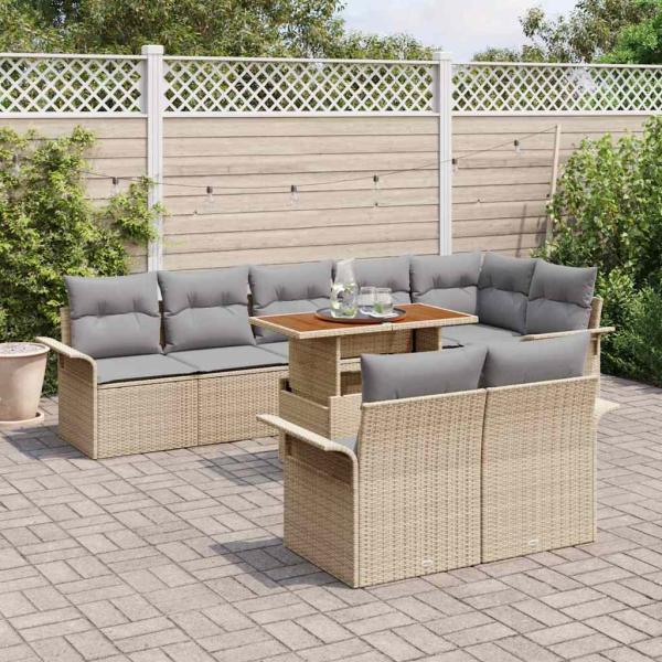 9-teiliges Garten Sofa Set mit Kissen Beige Poly Rattan