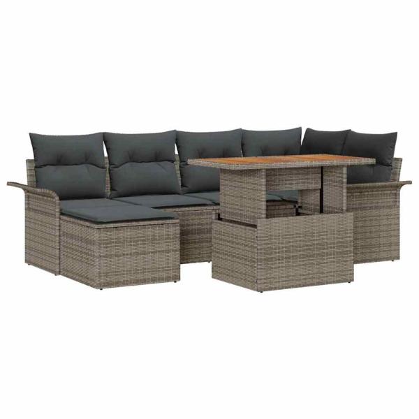 7-teiliges Garten Sofa Set mit Kissen Grau Poly Rattan