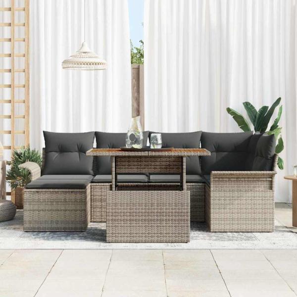7-teiliges Garten Sofa Set mit Kissen Grau Poly Rattan