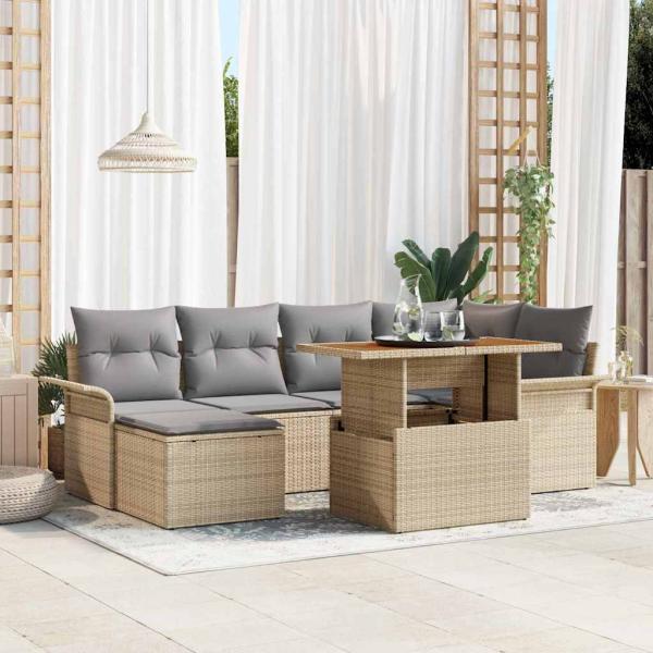 ARDEBO.de - 7-teiliges Garten Sofa Set mit Kissen Beige Poly Rattan