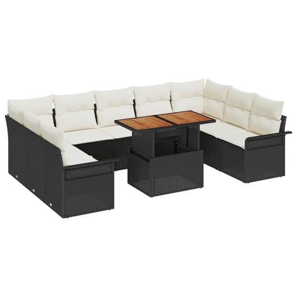 10-teiliges Garten Sofa Set mit Kissen Schwarz Poly Rattan