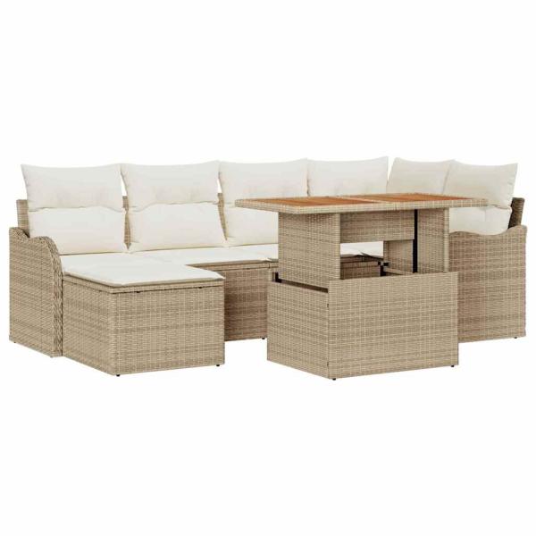 7-teiliges Garten-Sofa-Set mit Kissen Beige Poly Rattan